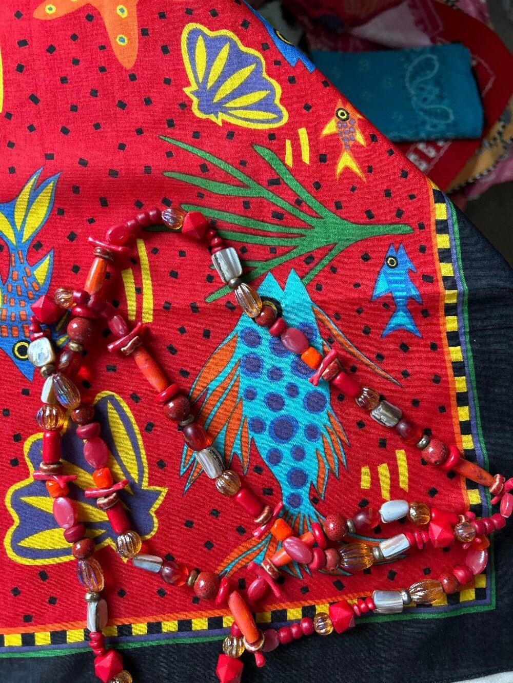 TALBOT'S Red Tropical FISH PRT Square 30" Scarf w/ 60" Pretty Necklace, Beaded